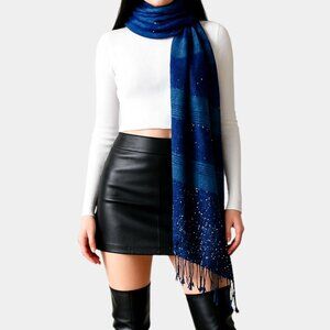 Vintage Y2K Navy Blue Sequin Fringe Linen Scarf